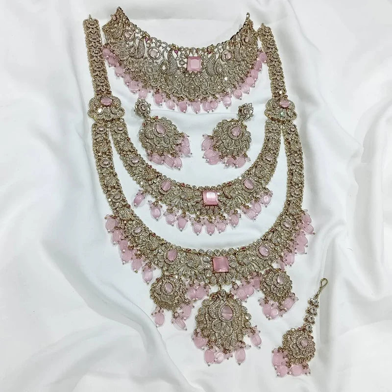 All New Elegant Victorian Finish Full Bridal Set Haram Necklace Set with Earrings- Pink